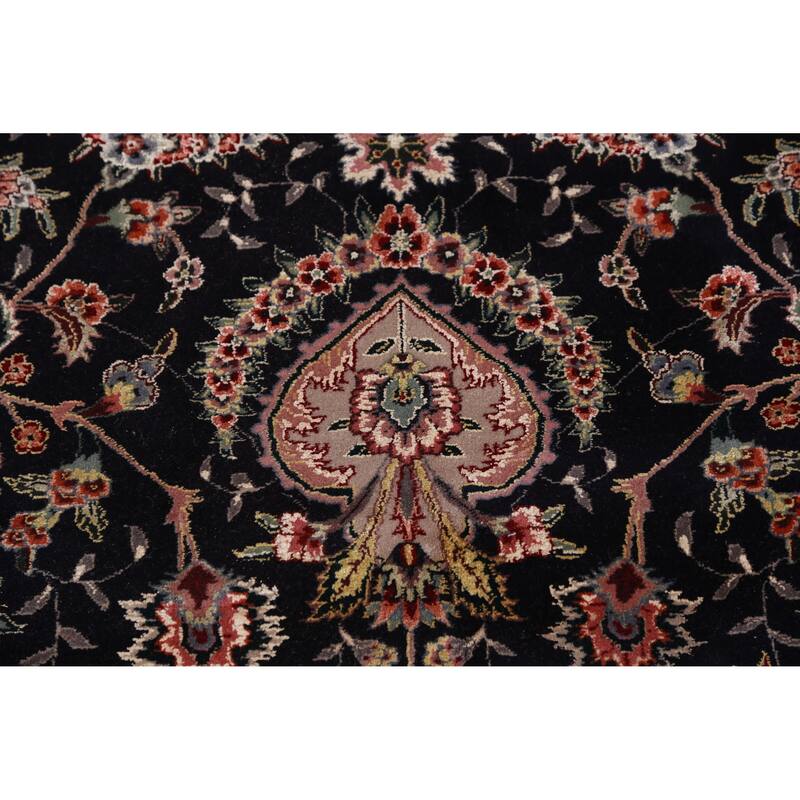 Hand Knotted Oriental Wool & Silk Carpet Traditional Floral Navy Blue & Blues Tabriz Area Rug - 9' 8'' X 7' 10''