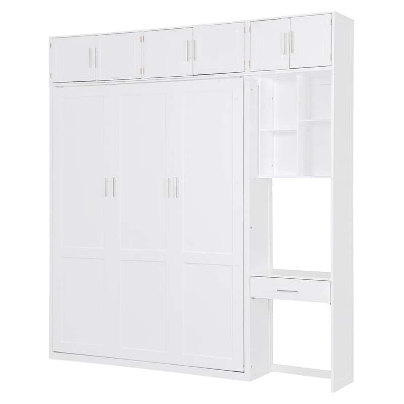 Full Size and Queen Size Wall Murphy Bed with Desk, Top Cabinet and Storage Shelves, Space Saving Foldable Bed