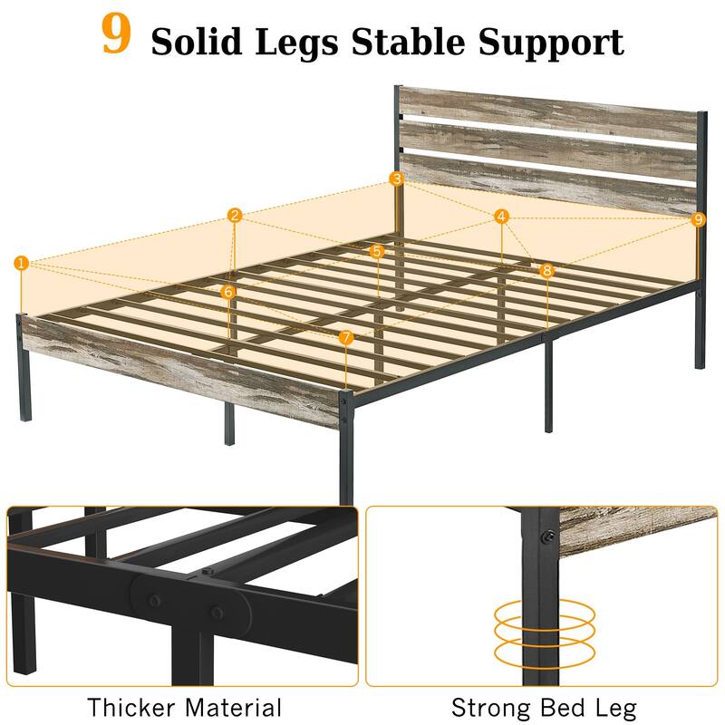 VECELO Industrial Wood Bed Frame with Headboard Twin Size Beds/Full Size Beds/Queen Size Beds