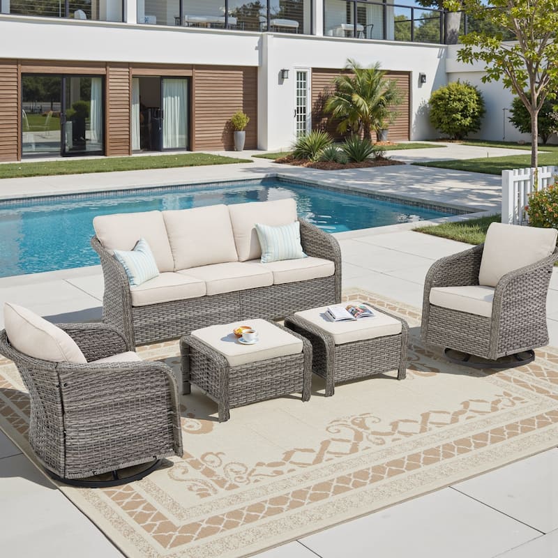 Pocassy Outdoor Patio Wicker Sofa Chair Furniture Set - Light Grey Wicker Beige Cushion - 5 Pieces Sofa Swivel Chair with Ottoman