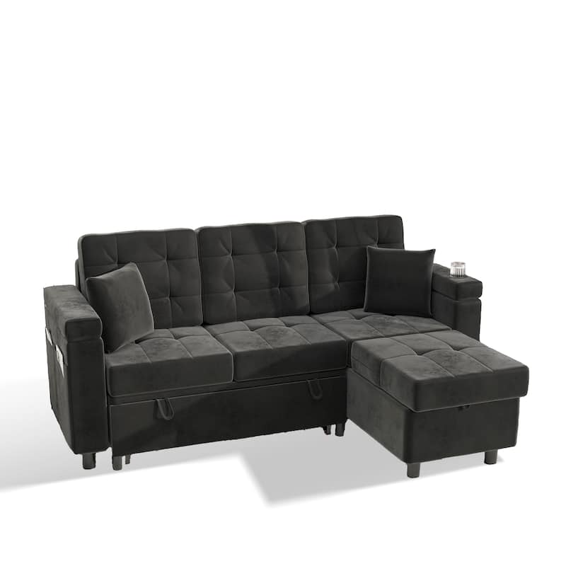 Pocassy 85" Velvet Sofa Bed with Chaise Pull Out Couch for Apartment Living Room