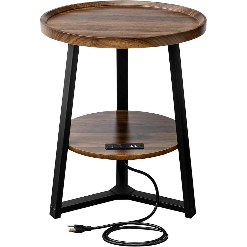 Industrial Metal End Table w/Charging Station & Shelf for Multi-Room