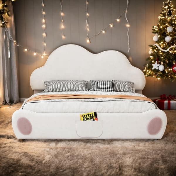 slide 2 of 30, 2 Color Cloud-shaped Queen Size Upholstered Platform Bed with Rounded Footboard and Pocket Beige