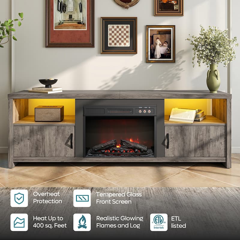 Bestier 70" Fireplace TV Stand for TVs up to 75", LED Entertainment Center with 23" Remote Control Electric Fireplace