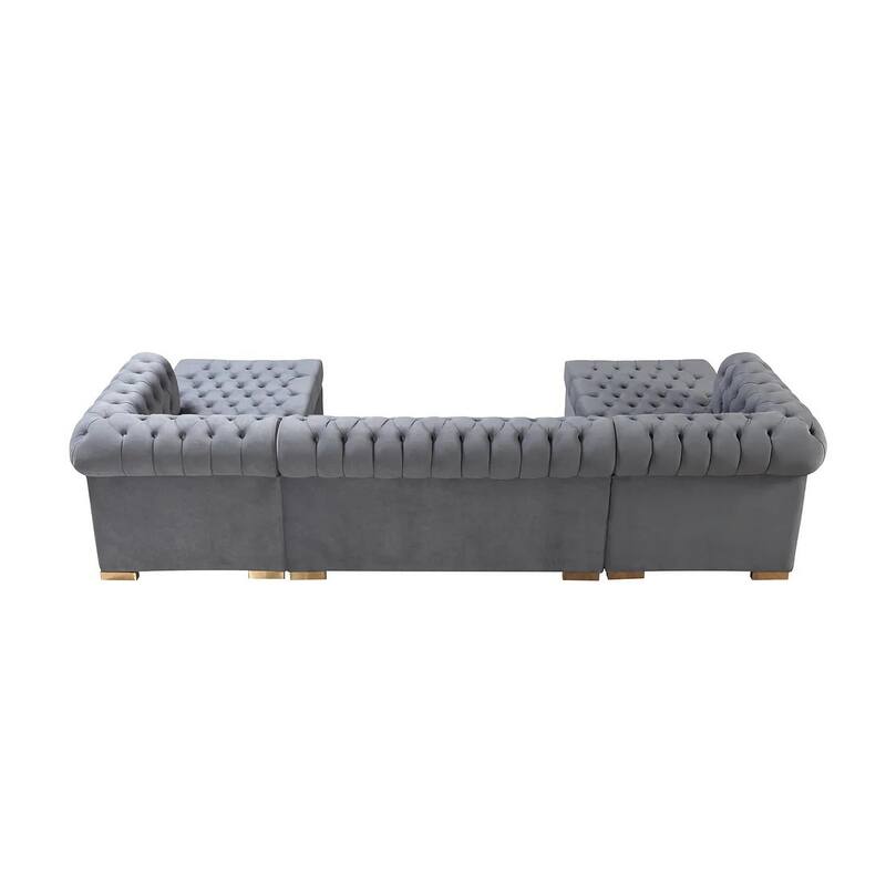 HomeRoots Gray Velvet U Shaped Three Piece Sofa and Chaise Sectional With Toss Pillows