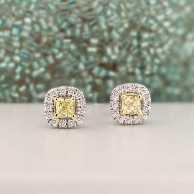 Auriya 3/4ctw Cushion-cut Yellow Diamond Halo Stud Earrings 14k Two-Tone Gold (SI1-SI2)