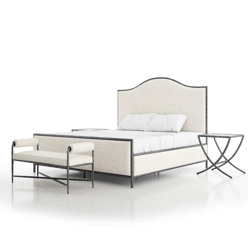 247 Shop At Home Lalia Modern 4-Piece Upholstered Hammered Metal Camelback Bedroom Set with 2 Nightstands - Matte Grey - King