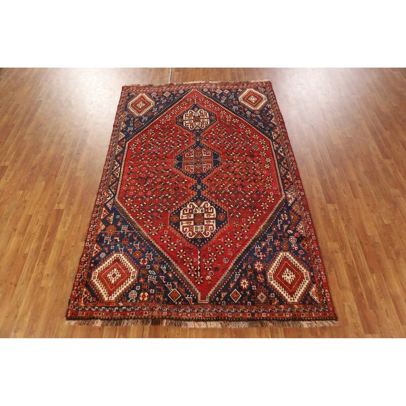 Hand Knotted Oriental 100% Wool Carpet Traditional Geometric Red Shiraz Area Rug - 8' 7'' X 5' 8''