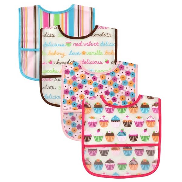 slide 1 of 1, Luvable Friends Baby Girl Waterproof PEVA Bibs 4pk, Cupcake, One Size - Cupcake - One Size One Size - Cupcake