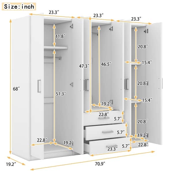 dimension image slide 2 of 3, 6-Doors Wardrobe Armoire with 3 Drawer, Shelves and Hanging Rail