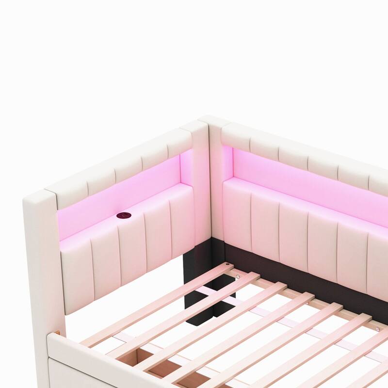 Platform Bed Linen Upholstered Daybed with L-shaped Headboard USB Ports and Light for Night's Sleep, Choose 2 Drawer or Trundle
