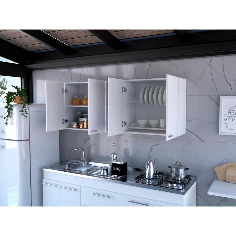 Wall Cabinet with 4 Doors, 2 Open Shelves, Built-In Dish Rack, and Glass Organizer for Kitchen