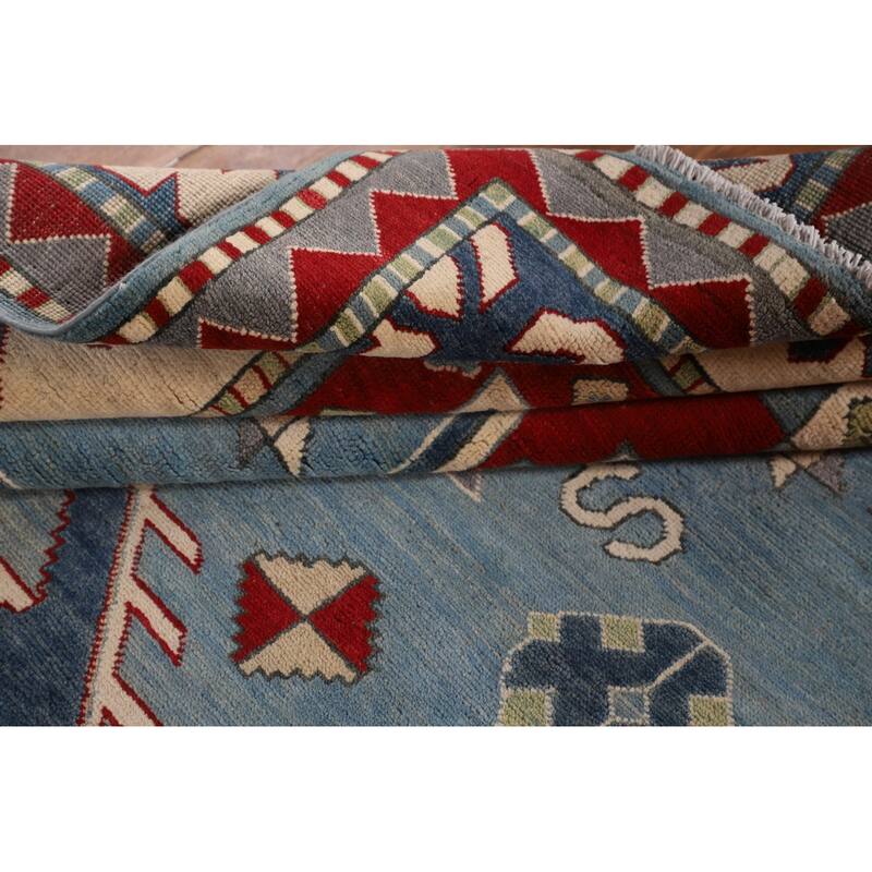 Light Blue Geometric Kazak Area Rug Living Room Handmade Wool Carpet - 6'4" x 9'10"