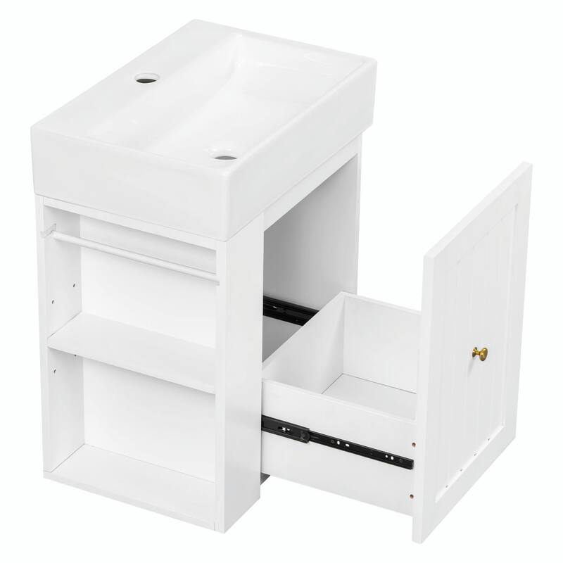 20-Inch Bathroom Vanity with Ceramic Sink - MDF Storage Cabinet with Drawer, Side Shelf and Silver Handle