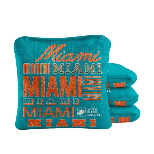slide 2 of 4, Miami Football Teal Dual Sided Cornhole Bags