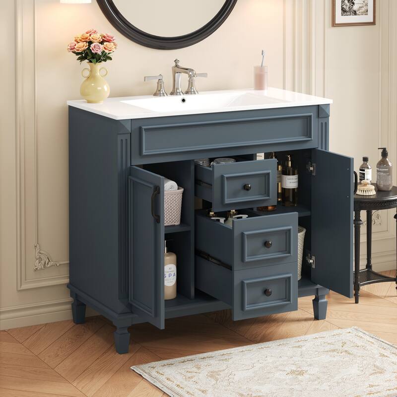 GDFStudio - Carrinford Modern Freestanding Bathroom Vanity with Ceramic Sink and 2 Soft Closing Doors & 2 Drawers - Blue