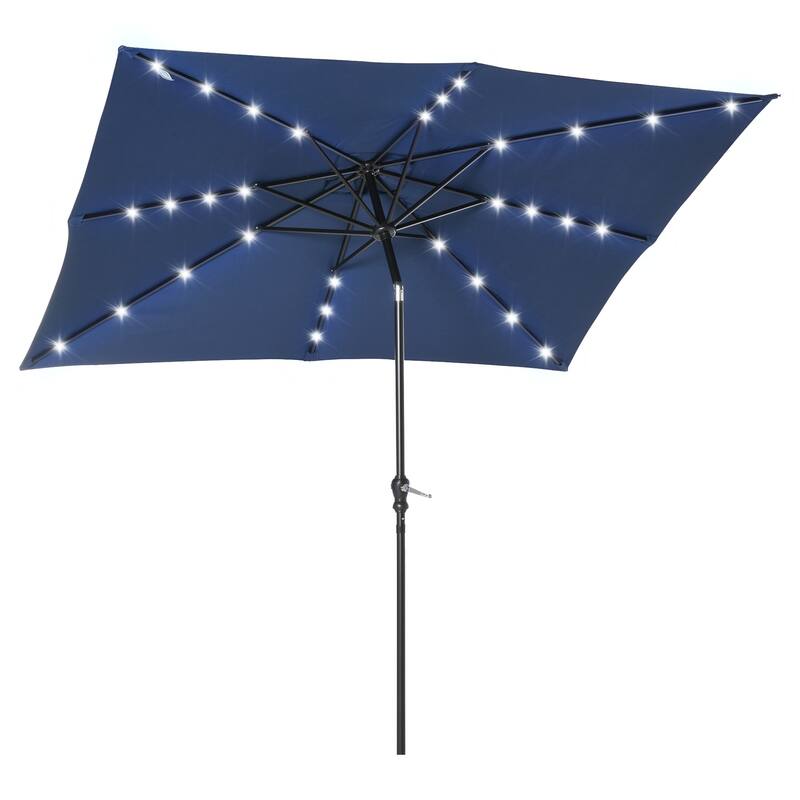 Outsunny 9'x7' Solar Umbrella,LED Lighted Patio Umbrella for Table or Base with Tilt & Crank Outdoor Umbrella for Garden - Blue