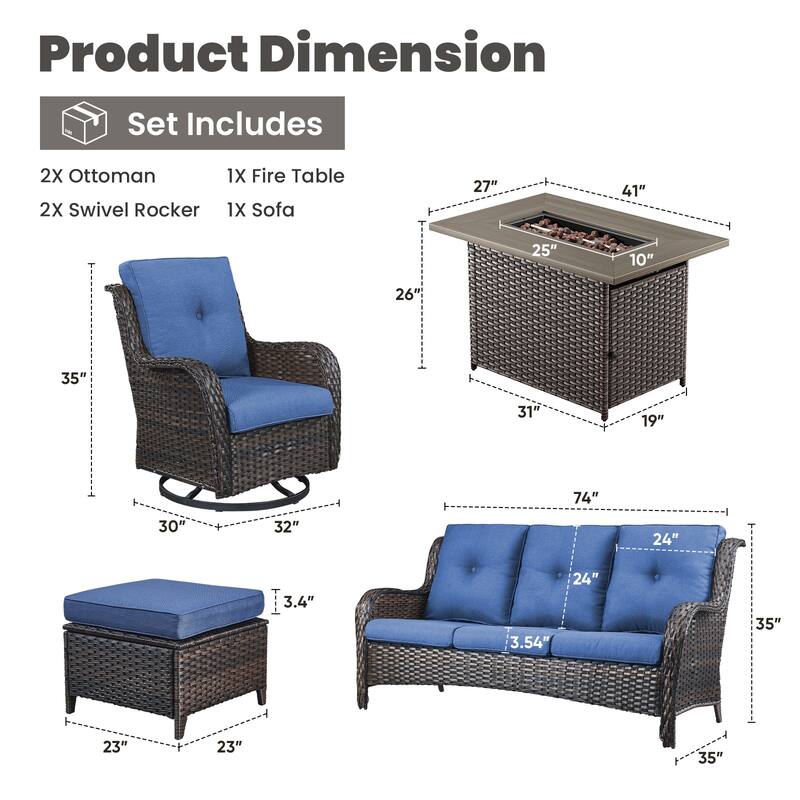 Gymojoy 6-Piece Outdoor Wicker Patio Furniture with Fire Pit Table, Rattan Coversation Set with Water Resistant Thick Cushions