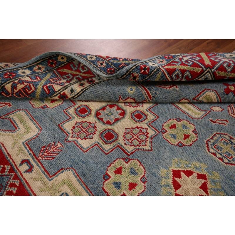Geometric Blue Kazak Oriental Area Rug Handmade Wool Carpet - 4'3" x 5'11"