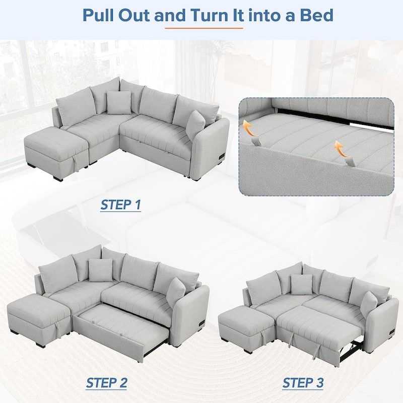 Upholstery Sleeper Sectional Sofa with Movable Storage Ottoman, L-shaped Sectional Pull Out Sofa Bed