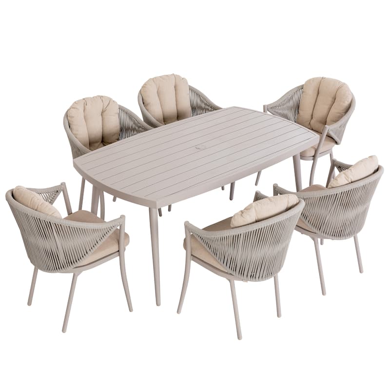 Patio 7-Piece Dining Set with Cushions and Pillows, Umbrella Hole, Beige