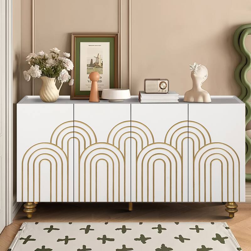 Fluted Sideboard with Storage, Coffe Bar Cabinet with 4 Doors and Wire Holes, Storage Cabinet with Adjustable Shelves - Ancient White,Gold