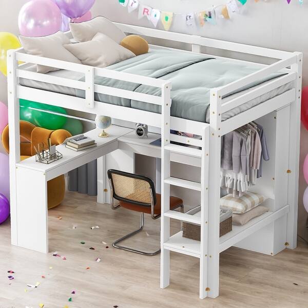 slide 2 of 11, Wood Frame Twin Size Loft Bed with L-shaped Desk,Wardrobe and Storage Shelves White