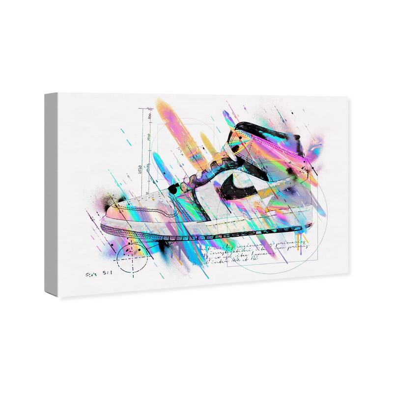 Wynwood Studio Fashion and Glam Artistic Sneaker Holo White and Cyan Modern & Contemporary Wall Art Canvas Print