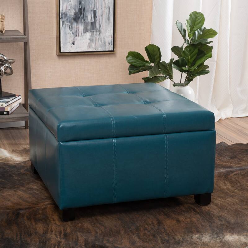 Roomfitters Upholstered Storage Ottoman Bench, Square Faux Leather Ottoman Coffee Table with Tray and Hinged Lid