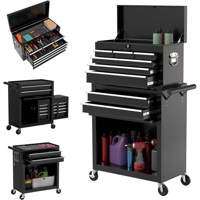 8-Drawer Rolling Tool Storage Cabinet with Detachable Top Tool Box - Black