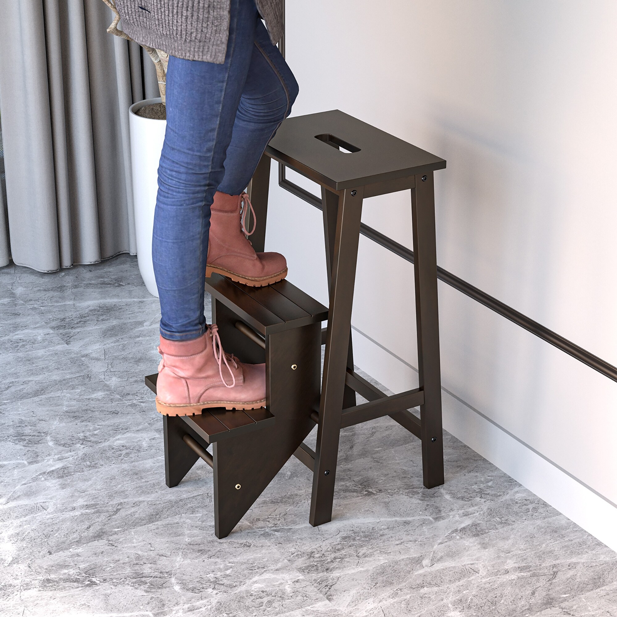 Costway 3 Tier Folding Step Stool 3 in 1 Rubber Wood Ladder Storage See Details Bed Bath Beyond 35633119