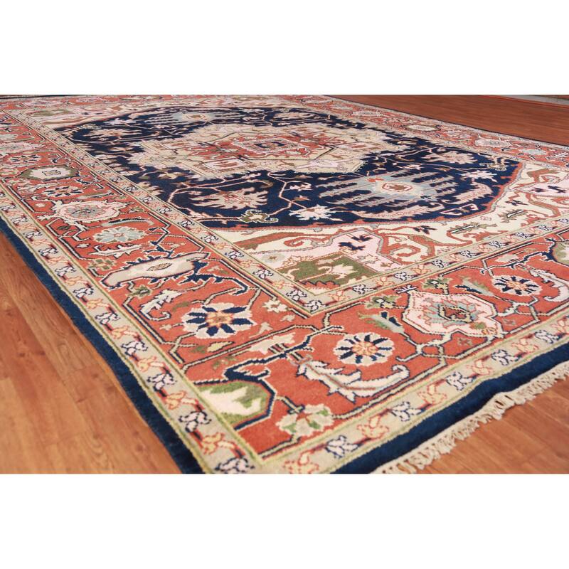 Hand Knotted Oriental 100% Wool Carpet Traditional Medallion Navy Blue & Blues Heriz (serapi) Area Rug - 13' 10'' X 9' 11''