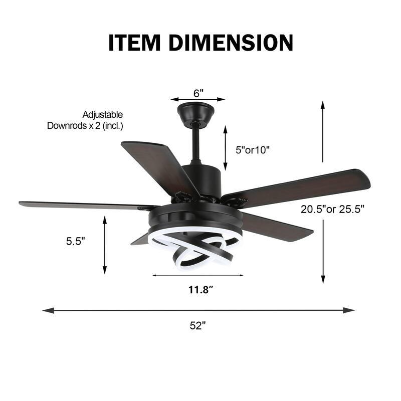 Bella Depot 52" Modern Ceiling Fan with Remote and Dimmble LED Light, DIY Light Shade 6-Speed Reversible Fanlight