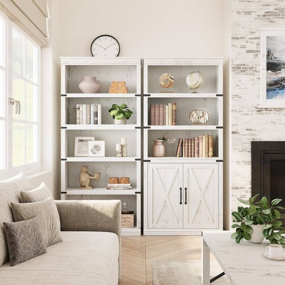 5 Tier Book Shelf, Farmhouse Book Case with Cabinet, Tall Book Shelf with Storage Doors