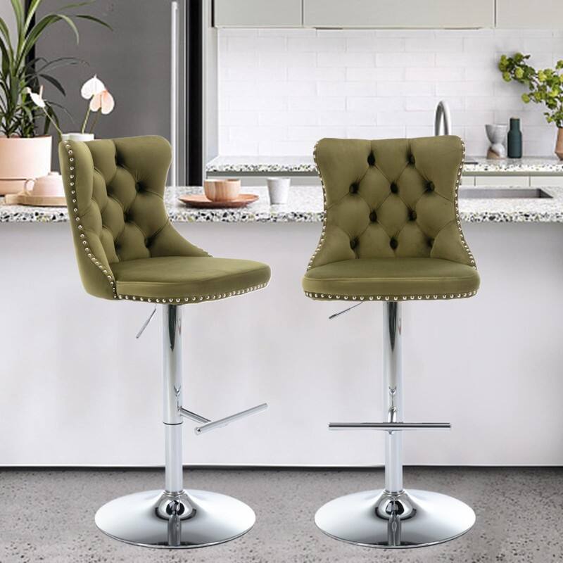 Velvet Upholstered Nailheads Tufted Swivel Bar Stools (Set of 2)