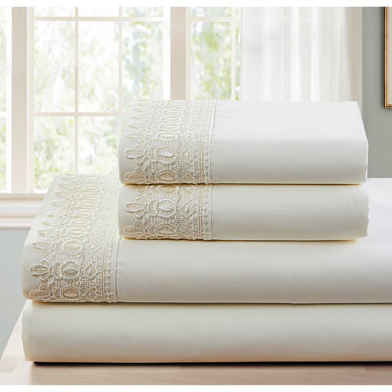 SL SPIRIT LINEN HOME EST. 1988 Lace Sheet Set - Double Brushed Microfiber - Ivory - Queen