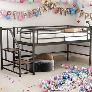 Twin Mid Loft Bed with Storage stairs, Superior Quality, Black