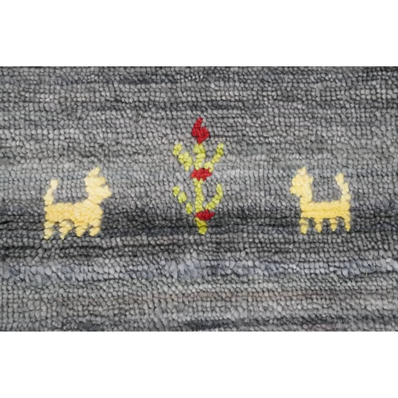 Hand Knotted Oriental Viscose Silk Carpet Tribal Animal Pictorial Greys & Charcoal Gabbeh Area Rug - 9' 11'' X 8' 1''