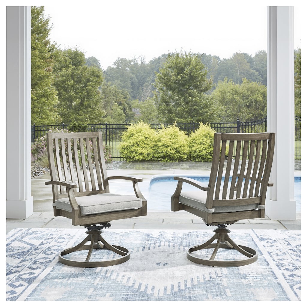 Signature Design by Ashley Rainier Ranch Brown/Beige Outdoor Swivel Chair with Cushion (Set of 2) - 24.63" W x 26.5" D x 39" H