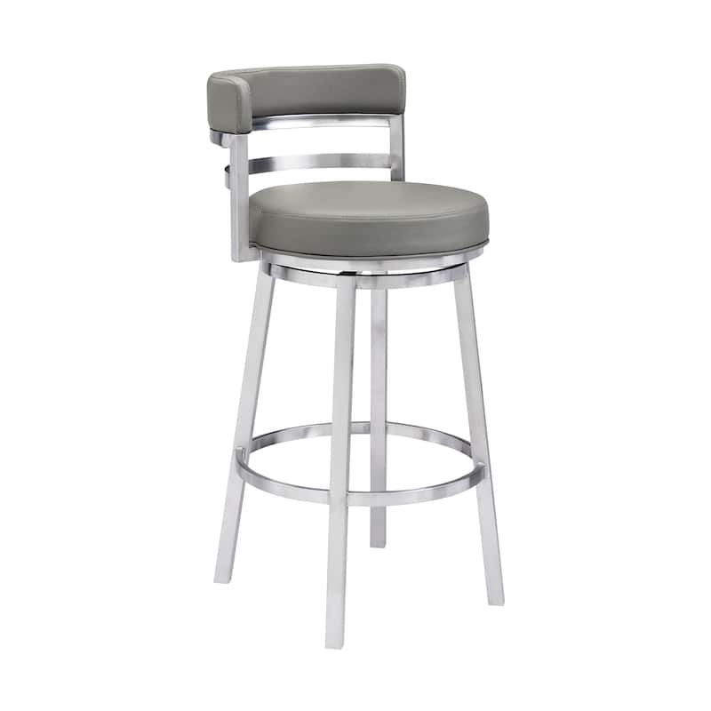 Silver Brushed Iron Frame Swivel Bar Stool with Faux Leather - 21” x 20” x 39” (D x W x H) - Light Grey-Silver