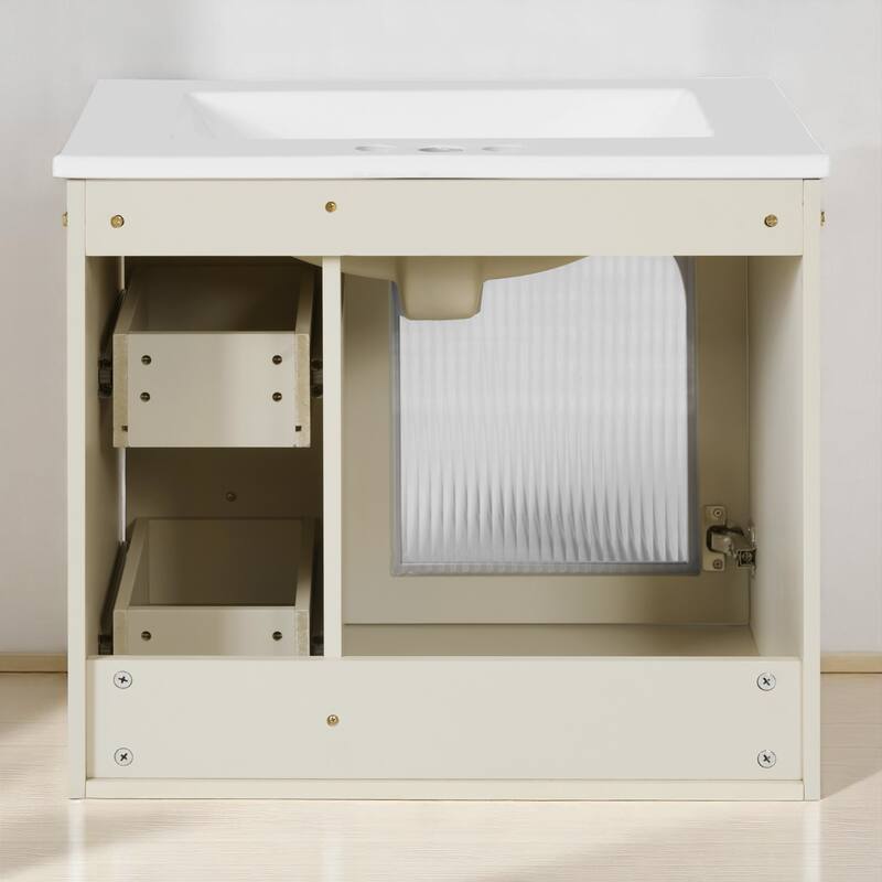 24" Wall-Mounted Bathroom Vanity with Ceramic Sink, 2 Drawers & Glass Door Cabinet, Modern Floating Design for Small Spaces