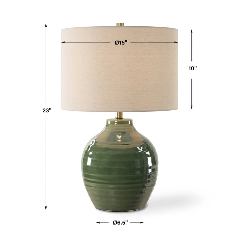 Table Lamp, Moss Green Textured Ceramic and Beige Linen Shade, 23 Inch