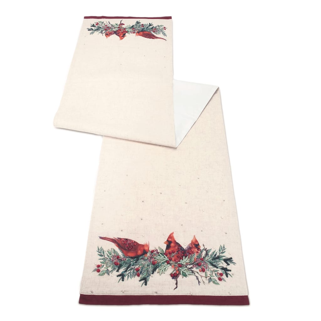 Polyester Table Runner with Beaded Cardinal Bird Design
