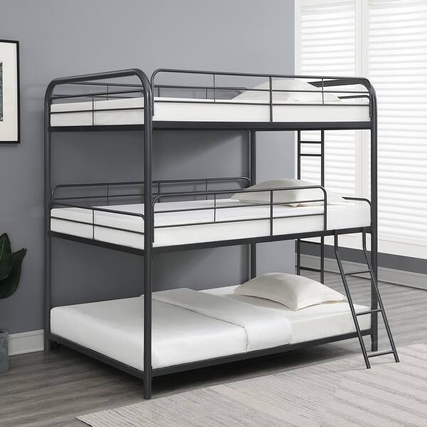 slide 2 of 9, Black Full over Full Size Metal Triple Bunk Bed with Ladder & Fence Full over Full - Black
