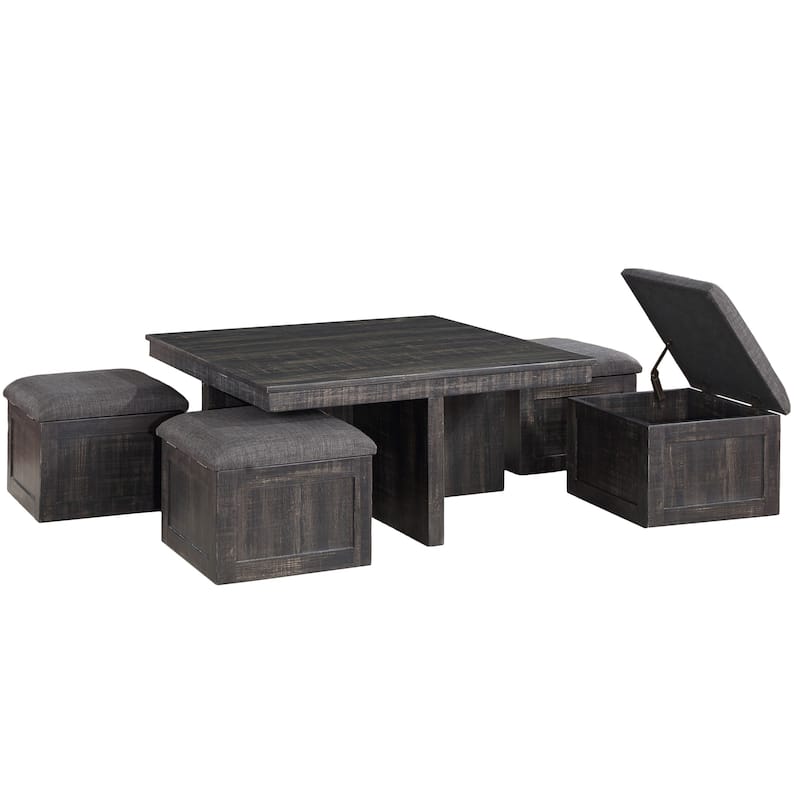 Wood Coffee Table Set with Storage Stools