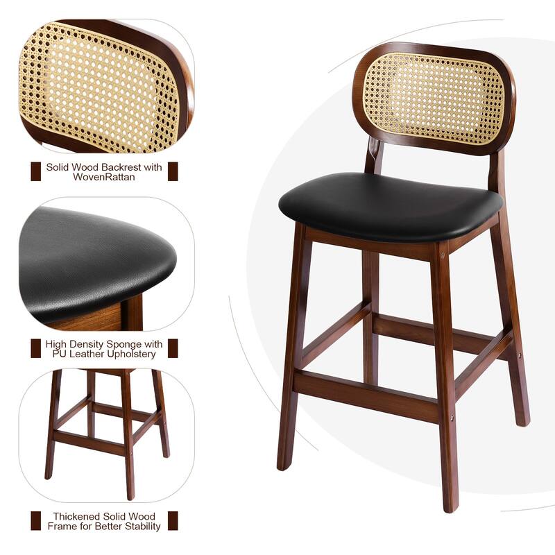 Wood Upholstered Counter Height Bar Stools with Rattan Back - 36.81"H x 17.72"W x 18.7"D