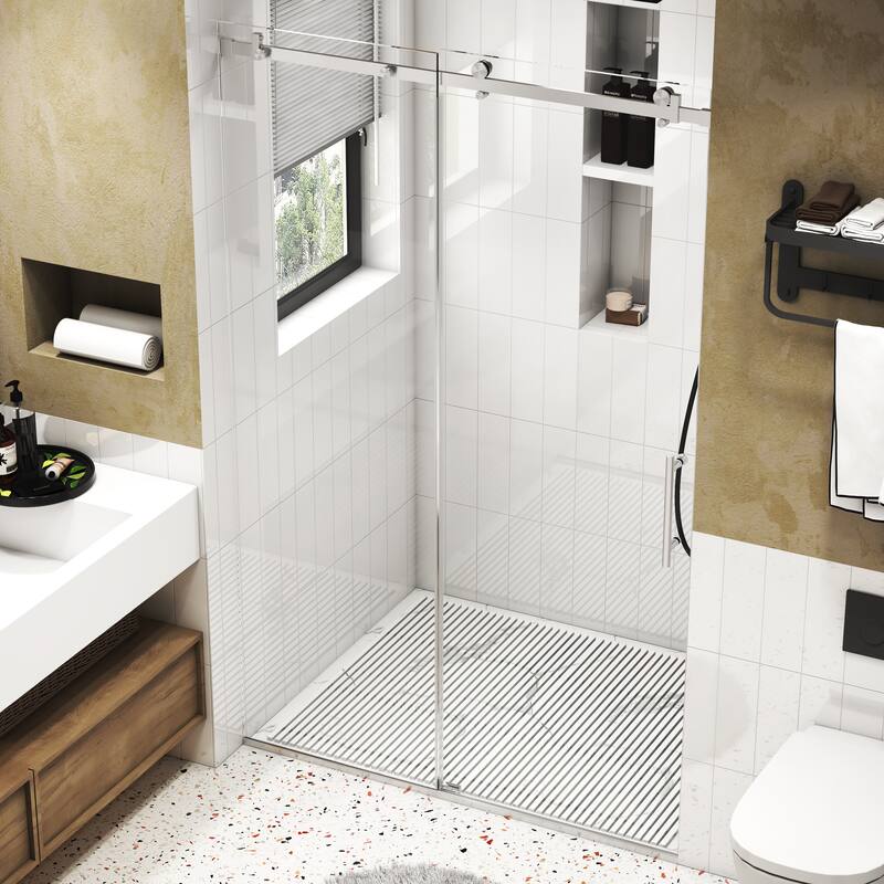 FELYL 44-48" W × 76" H Single Sliding Frameless Shower Door with Heat Soaking Process and Protective Coating Clear Glass