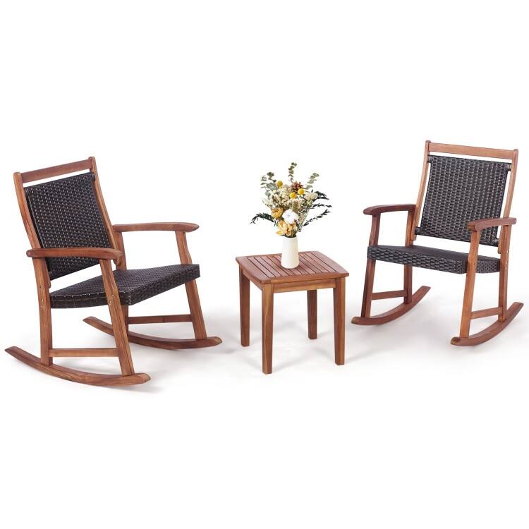 3 Pieces Acacia Wood Patio Rocking Chair Set with Side Table - 24" x 33" x 37" (L x W x H)