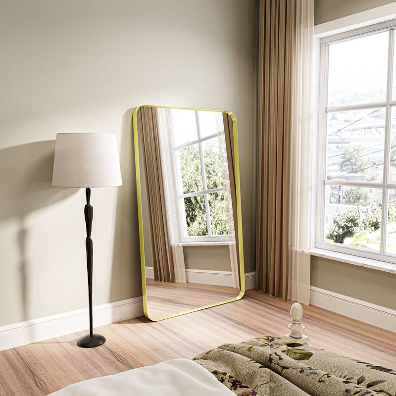 Organnice Rectangular Aluminum Framed Modern Rounded Wall Mount Mirror