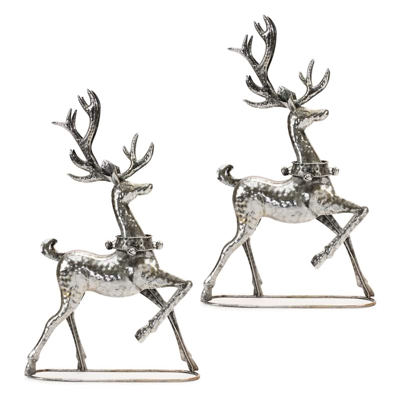 22” Set f 2 Silver Reindeer Decorations for Christmas Display Metal Holiday Statues for Fireplace or Table